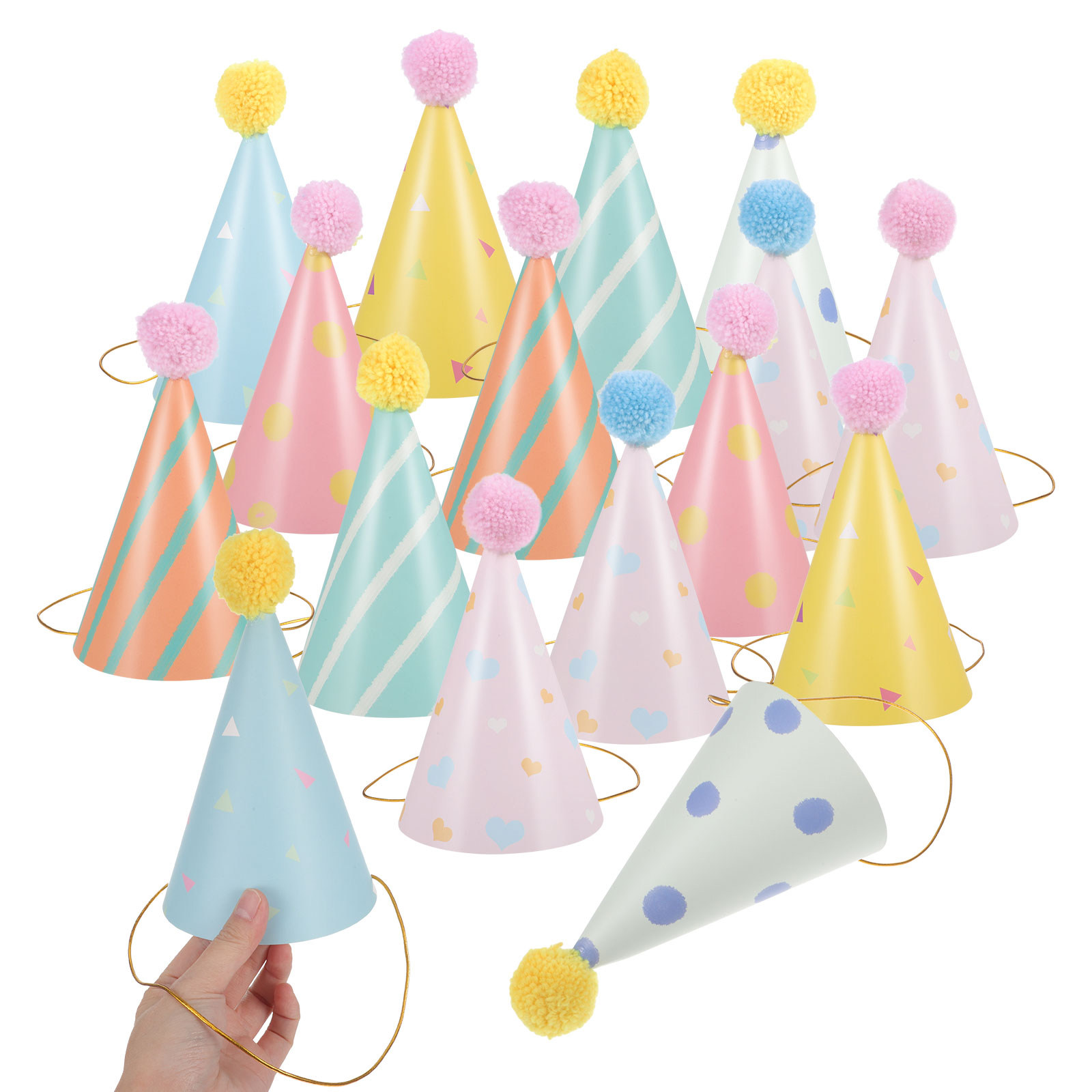 Party Hat Cone - 14Pcs Birthday Hats Paper Cone Pompom