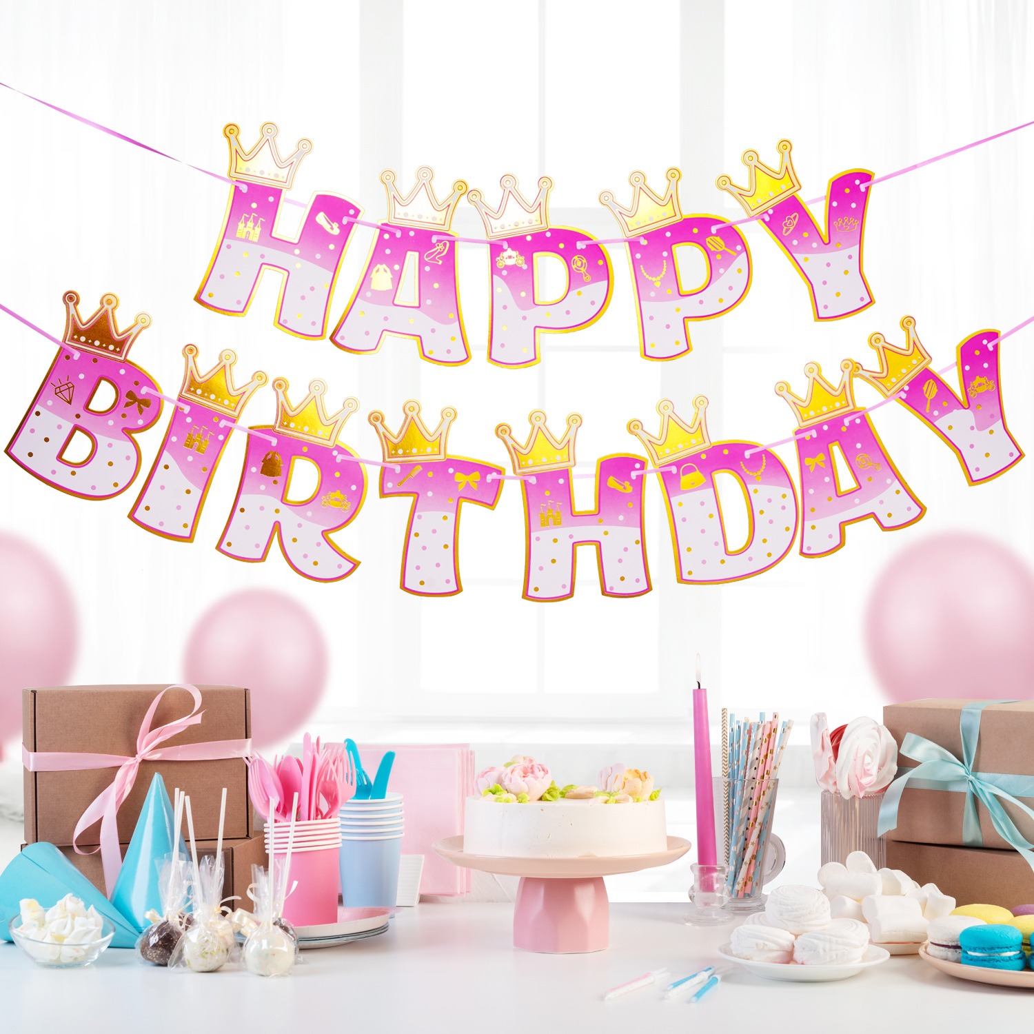 Pink Stamping Gold Crown Theme - Party Banner Gold のレビューと価格